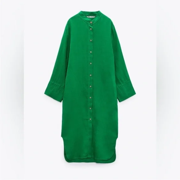 Zara Green Linen Longline Long Sleeve Tunic Button Down Dress Cover Up Small - Picture 2 of 13